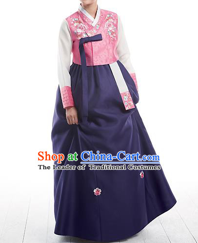 Asian Korean National Handmade Formal Occasions Wedding Bride Clothing Embroidered Pink Blouse and Purple Dress Palace Hanbok Costume for Women