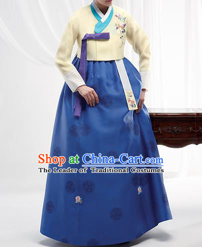 Asian Korean National Handmade Formal Occasions Wedding Bride Clothing Embroidered Yellow Blouse and Blue Dress Palace Hanbok Costume for Women