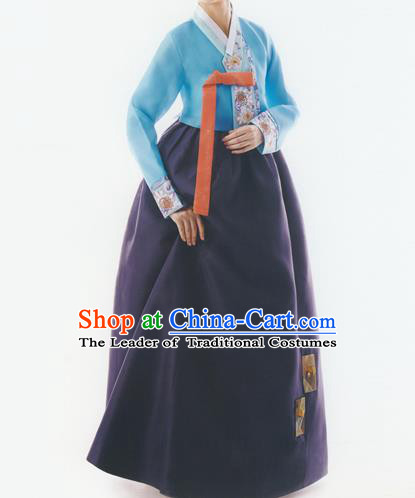 Korean National Handmade Formal Occasions Wedding Bride Clothing Embroidered Blue Blouse and Purple Dress Palace Hanbok Costume for Women