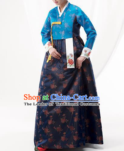 Asian Korean National Handmade Formal Occasions Wedding Bride Clothing Embroidered Blue Blouse and Navy Dress Palace Hanbok Costume for Women