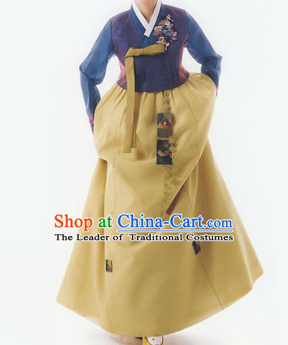 Korean National Handmade Formal Occasions Wedding Bride Clothing Embroidered Blue Blouse and Yellow Dress Palace Hanbok Costume for Women