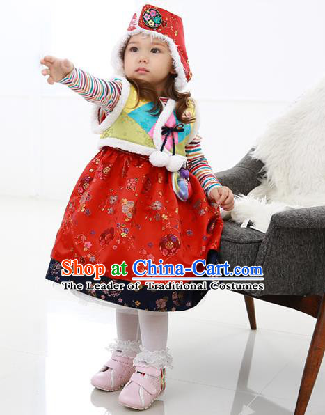 Asian Korean National Handmade Formal Occasions Wedding Bride Clothing Embroidered Yellow Vest and Red Dress Palace Hanbok Costume for Kids