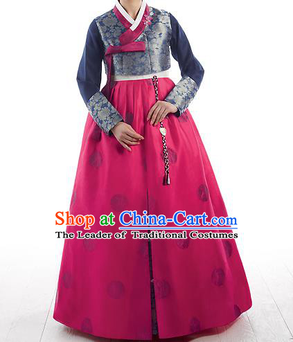 Korean National Handmade Formal Occasions Wedding Bride Clothing Embroidered Navy Blouse and Red Dress Palace Hanbok Costume for Women