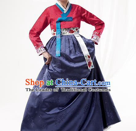 Korean National Handmade Formal Occasions Wedding Bride Clothing Embroidered Red Blouse and Navy Dress Palace Hanbok Costume for Women
