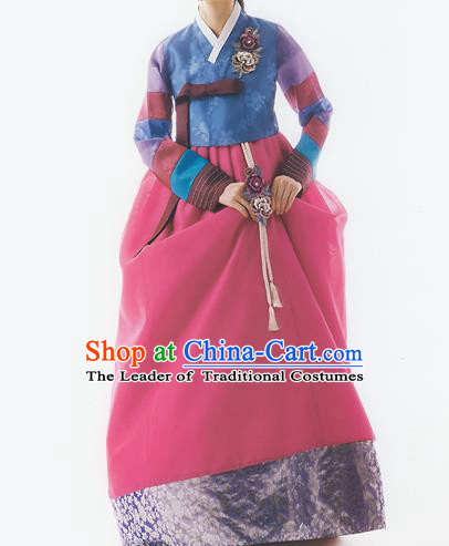 Korean National Handmade Formal Occasions Wedding Bride Clothing Embroidered Blue Blouse and Red Dress Palace Hanbok Costume for Women