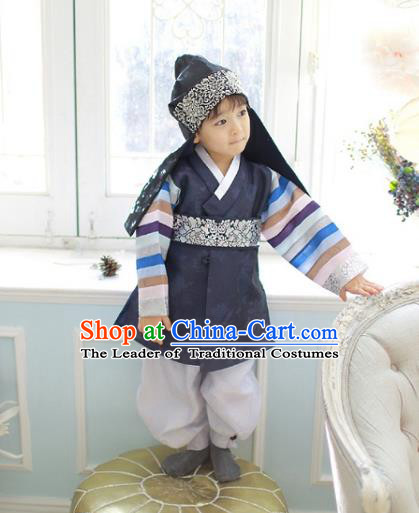 Asian Korean National Traditional Handmade Formal Occasions Boys Embroidery Navy Vest Prince Hanbok Costume Complete Set for Kids