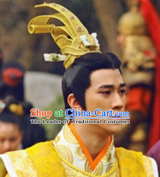 Chinese Ancient Opera Swordsman Young Men Wig, Traditional Chinese Tang Dynasty Emperor Wig Sheath for Men