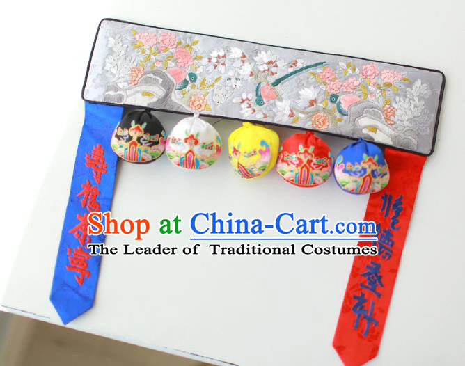 Traditional Korean Accessories Embroidered Birds Flowers Grey Waist Belts, Asian Korean Fashion Waistband Decorations for Kids