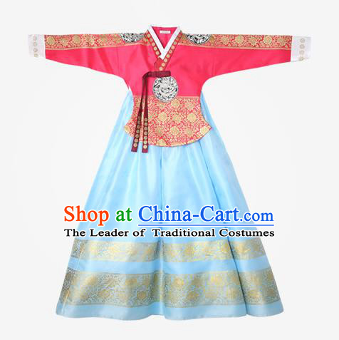 Top Grade Korean National Handmade Wedding Clothing Palace Bride Hanbok Costume Embroidered Red Blouse and Blue Dress for Women
