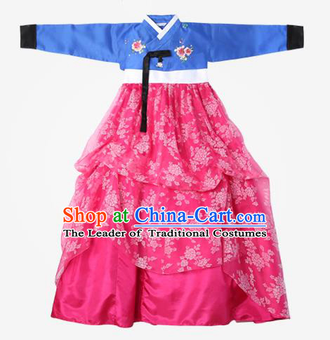 Top Grade Korean National Handmade Wedding Clothing Palace Bride Hanbok Costume Embroidered Blue Blouse and Rosy Dress for Women
