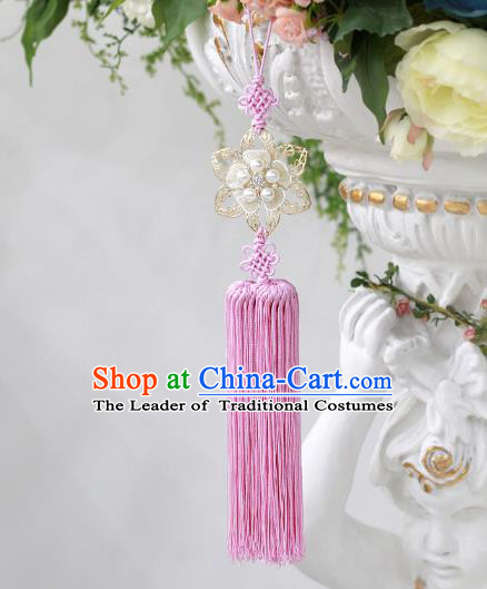 Asian Korean Hanbok Pearls Flower Pink Tassel Waist Decorations, Korean National Belts Accessories Wedding Bride Waist Pendant for Kids
