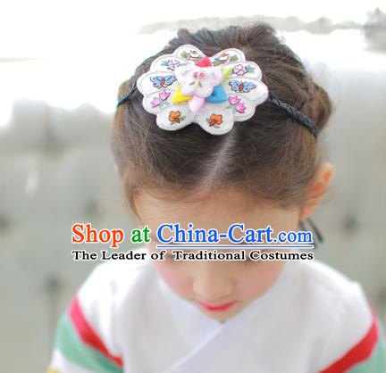 Korean National Bride Hair Accessories Embroidered White Hair Clasp, Asian Korean Hanbok Palace Headband Headwear for Kids