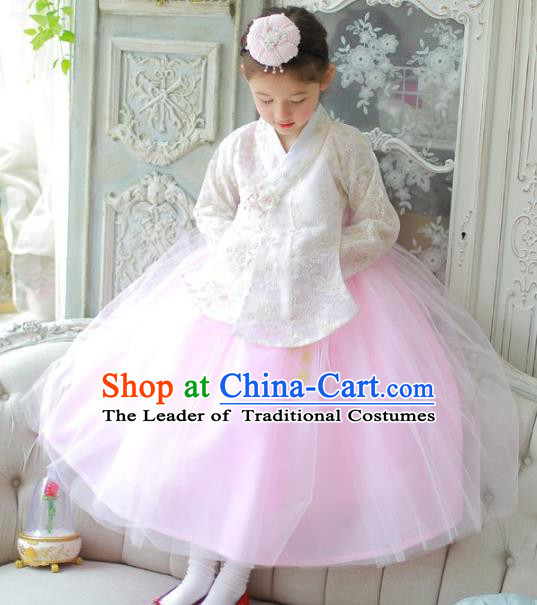 Traditional Korean National Handmade Formal Occasions Girls Clothing Palace Hanbok Costume Embroidered White Lace Blouse and Pink Dress for Kids