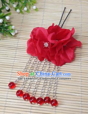 Traditional Chinese Ancient Classical Hair Accessories Red Flowers Beads Tassel Step Shake Bride Hairpins for Women