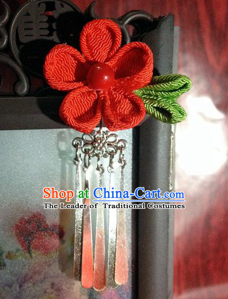 Traditional Chinese Ancient Classical Hair Accessories Red Flower Tassel Step Shake Bride Hairpins for Women