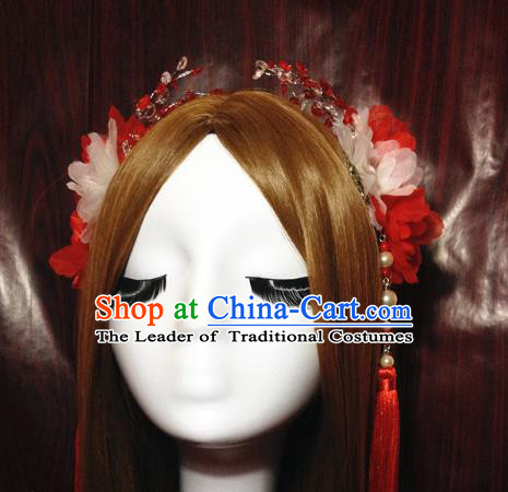 Traditional Chinese Ancient Classical Hair Accessories Bride Red Flowers Step Shake Hairpins Complete Set for Women