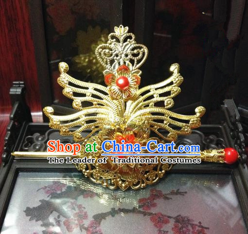 Traditional Handmade Chinese Classical Hair Accessories, Ancient Royal Highness Tuinga Red Beads Golden Hairdo Crown for Men