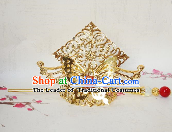 Traditional Handmade Chinese Classical Hair Accessories, Ancient Royal Highness Golden Butterfly Tuinga Hairdo Crown for Men