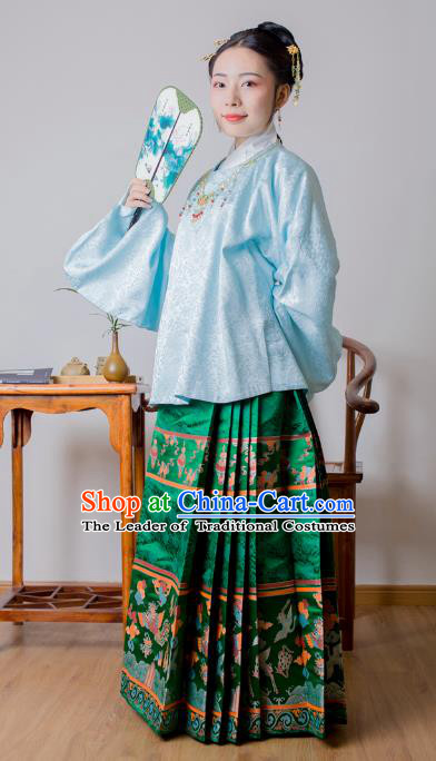 Asian China Ming Dynasty Palace Lady Costume Green Brocade Horse-face Skirt, Traditional Ancient Chinese Princess Hanfu Embroidered Clothing for Women