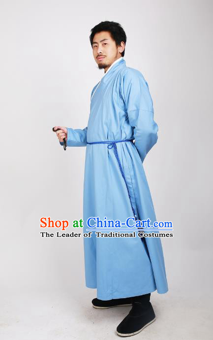 Asian China Ming Dynasty Swordsman Costume Blue Robe, Traditional Ancient Chinese Imperial Bodyguard Clothing for Men