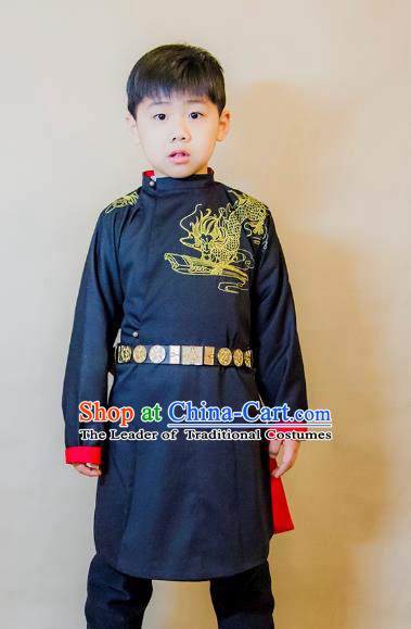 Asian China Tang Dynasty Swordsman Costume Blue Robe, Traditional Ancient Chinese Chancellor Hanfu Clothing for Kids