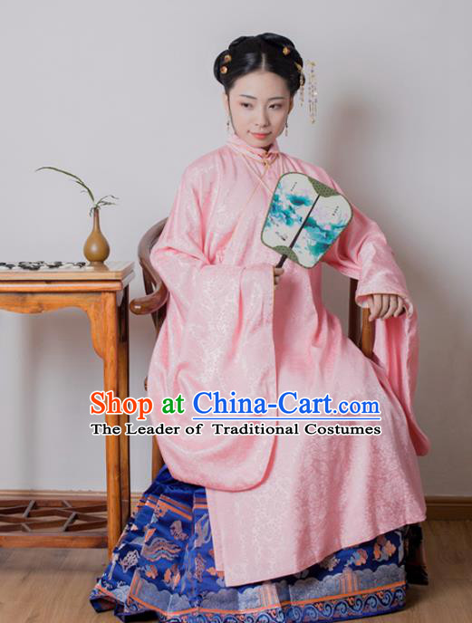 Asian China Ming Dynasty Princess Costume Pink Robe, Traditional Ancient Chinese Palace Lady Embroidered Hanfu Clothing for Women