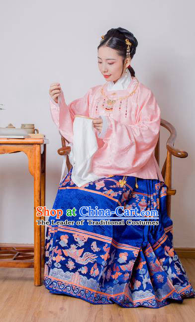 Asian China Ming Dynasty Princess Costume Pink Blouse, Traditional Ancient Chinese Palace Lady Embroidered Hanfu Clothing for Women
