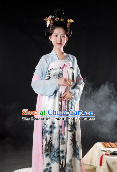Asian China Tang Dynasty Princess Costume Printing Slip Skirt, Traditional Ancient Chinese Palace Lady Hanfu Clothing for Women