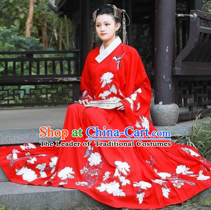 Asian China Ming Dynasty Bride Wedding Costume, Traditional Ancient Chinese Palace Lady Hanfu Red Clothing for Women