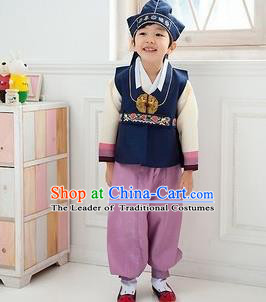Traditional Korean Handmade Hanbok Embroidered Boy Blue Clothing, Asian Korean Fashion Apparel Hanbok Embroidery Costume for Kids