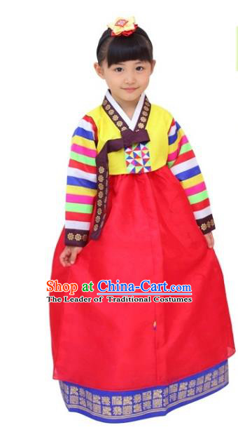 Traditional Korean Handmade Hanbok Embroidered Girls Clothing, Asian Korean Fashion Apparel Hanbok Embroidery Yellow Blouse Costume for Kids