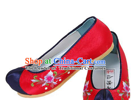 Traditional Korean National Girls Embroidered Shoes, Asian Korean Hanbok Children Red Bride Shoes for Kids