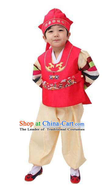 Traditional Korean Handmade Hanbok Embroidered Watermelon Red Clothing, Asian Korean Apparel Hanbok Embroidery Bridegroom Costume for Kids