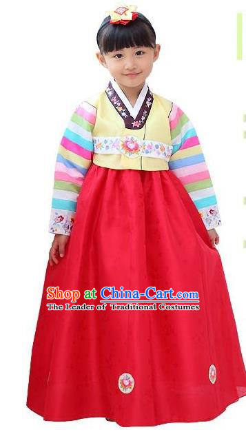 Traditional Korean National Girls Handmade Court Embroidered Clothing, Asian Korean Apparel Hanbok Embroidery Yellow Blouse Costume for Kids