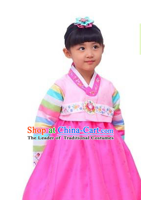 Traditional Korean National Girls Handmade Court Embroidered Clothing, Asian Korean Apparel Hanbok Embroidery Rosy Dress Costume for Kids