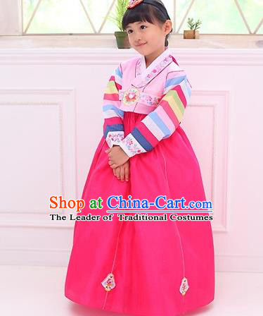 Traditional Korean National Girls Handmade Court Embroidered Clothing, Asian Korean Apparel Hanbok Embroidery Pink Dress Costume for Kids