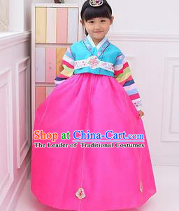 Traditional Korean National Girls Handmade Court Embroidered Clothing, Asian Korean Apparel Hanbok Embroidery Blue Costume for Kids
