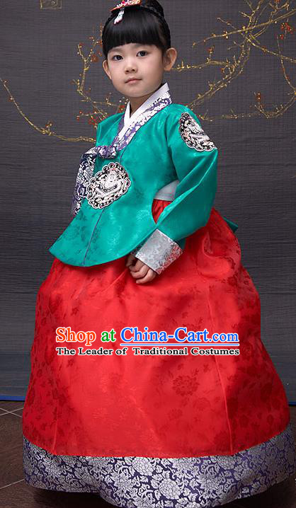 Traditional Korean National Top Grade Handmade Court Embroidered Clothing, Asian Korean Bride Hanbok Green Blouse and Red Dress for Kids