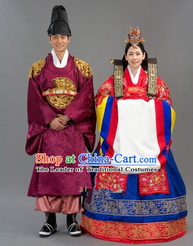 Traditional Korean National Handmade Court Embroidered Wedding Clothing, Asian Korean Bride Red Dress Costume for Women