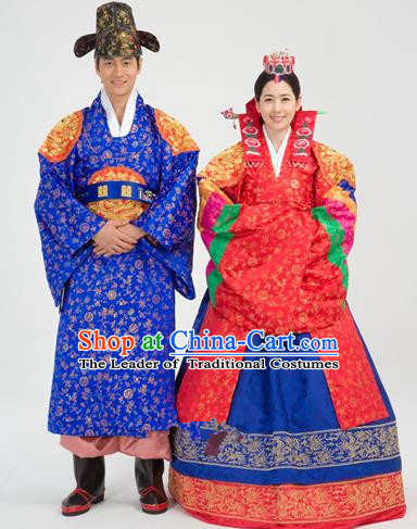 Traditional Korean National Handmade Court Embroidered Wedding Red Clothing, Asian Korean Bride Costume for Women