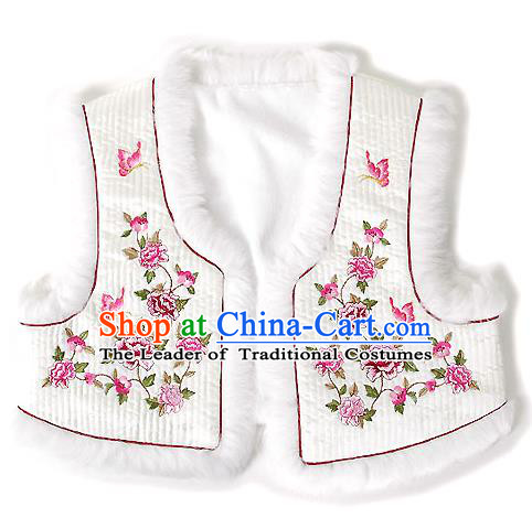 Traditional Korean National Handmade Court Embroidered Peony White Vest, Asian Korean Bride Waistcoat Costume for Kids