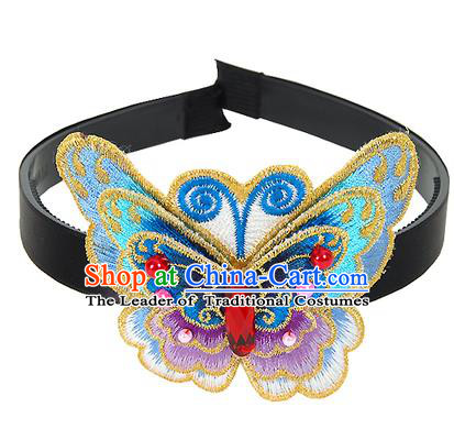 Traditional Korean Hair Accessories Embroidered Blue Butterfly Hair Clasp, Asian Korean Fashion Wedding Headwear for Kids