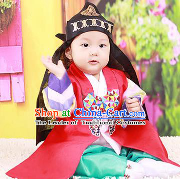 Traditional Korean National Handmade Court Embroidered Prince Costume, Asian Korean Boys Hanbok Clothing for Kids