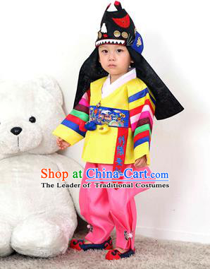 Traditional Korean Handmade Hanbok Embroidered Yellow Costume, Asian Korean Apparel Hanbok Embroidery Clothing for Boys
