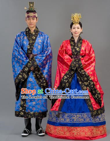 Traditional Korean Handmade Formal Occasions Embroidered Wedding Costume Complete Set, Asian Korean Apparel Bride and Bridegroom Hanbok Clothing