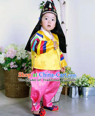 Traditional Korean Handmade Formal Occasions Embroidered Palace Prince Hanbok Yellow Clothing for Kids