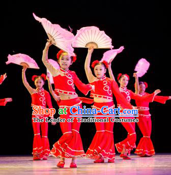 Traditional Chinese Yangge Fan Dance Costume, Folk Dance Drum Dance Red Uniform Yangko Clothing for Kids