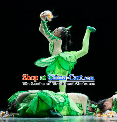 Traditional Chinese Classic Stage Performance Dance Costume, Folk Dance Green Uniform Yangko Clothing for Kids