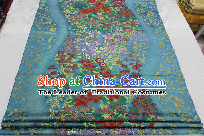 Chinese Traditional Ancient Costume Palace Flowers Pattern Cheongsam Blue Brocade Xiuhe Suit Satin Fabric Hanfu Material