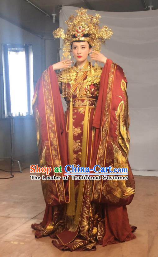 Traditional Ancient Chinese Tang Dynasty Imperial Empress Wedding Embroidered Tailing Dress Costume and Headpiece Complete Set for Women